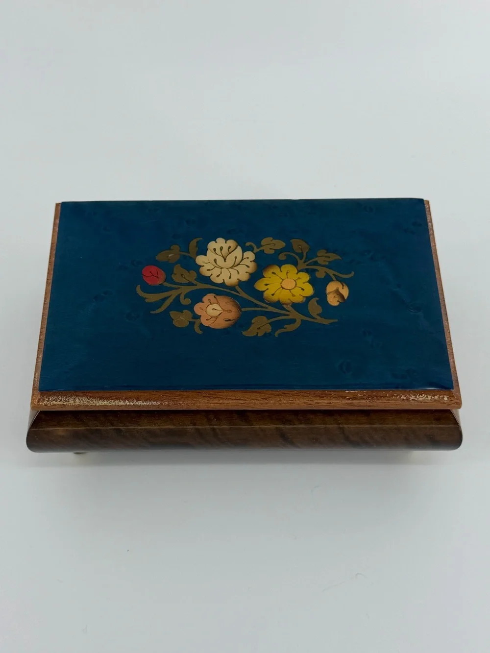 Vintage Made in Italy Blue Floral Inlay Trinket Box (Non-Working Music Box)